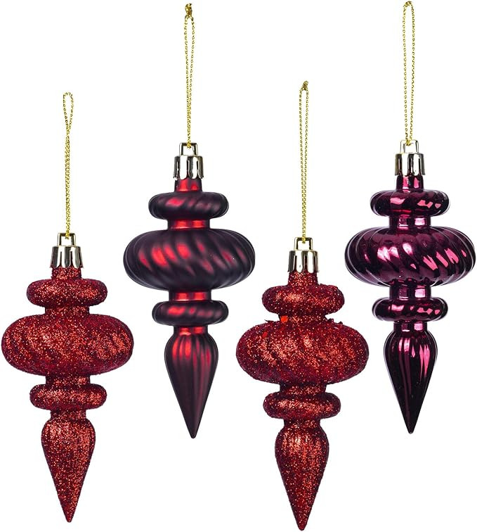 Vickerman 4" 4-Finish Finial Ornament, Shatterproof Plastic Christmas Tree Decoration, 8 Pack, Bu... | Amazon (US)