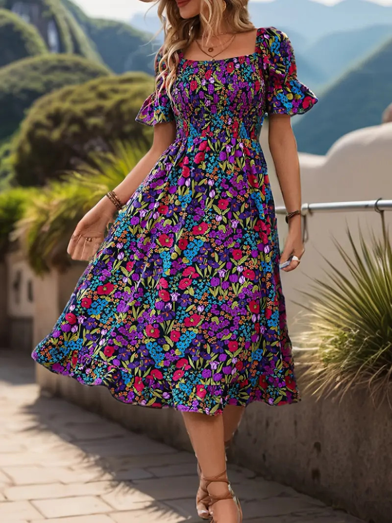 Floral Print Shirred Dress Vacation Style Puff Sleeve Square - Temu | Temu Affiliate Program