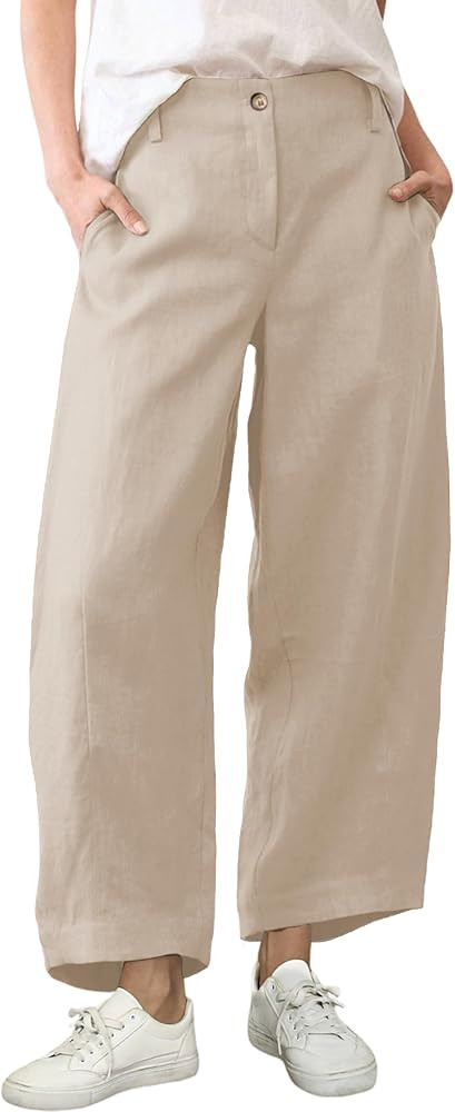 Xiaoxuemeng Linen Pants Women Wide Leg Capri Beach Pants Elastic Waisted Baggy Linen Trousers | Amazon (US)