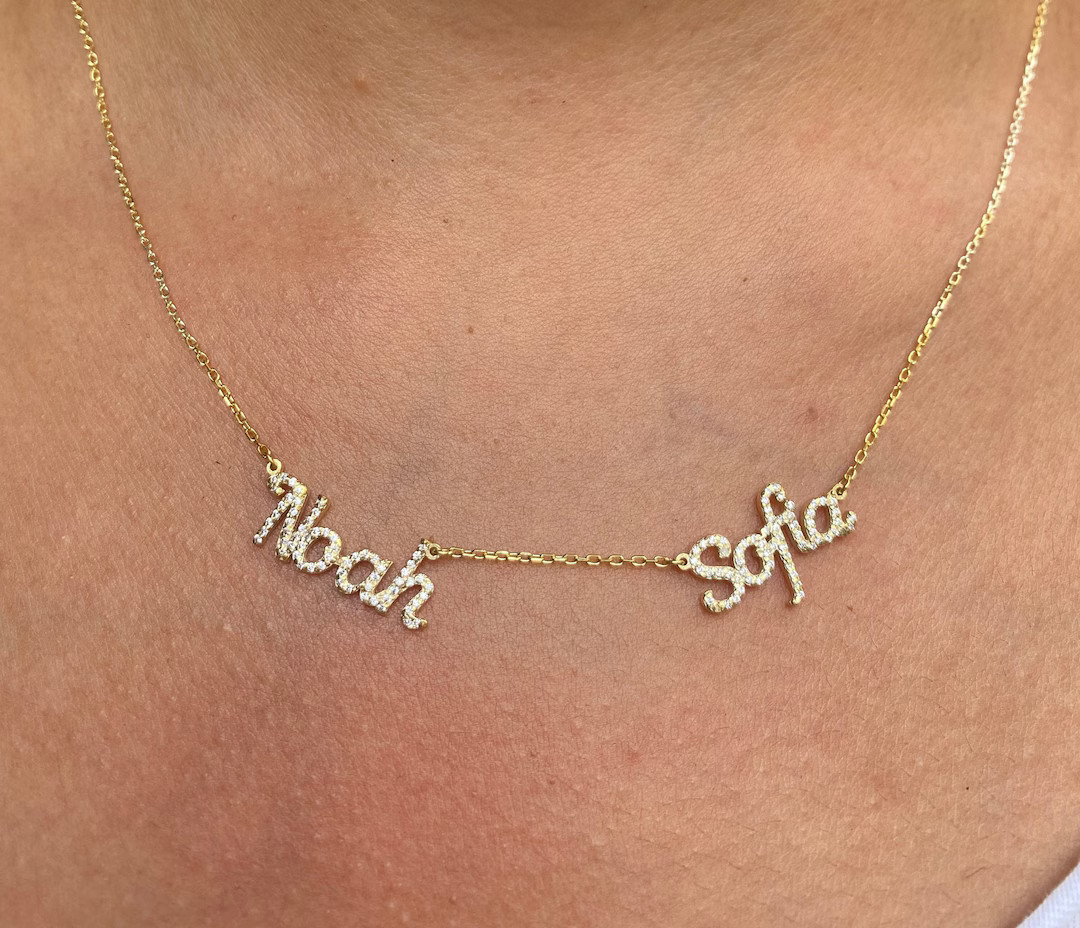 Diamond Two Name Necklace Personalized Jewelry Pave Name - Etsy | Etsy (US)