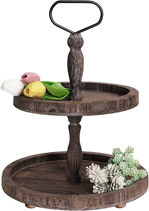 Mustry Rustic Wooden 2 Tiered Tray, Round Farmhouse Kitchen Table Decor Tier Tray Serving, Food F... | Amazon (US)