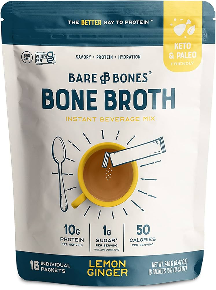 Bare Bones Bone Broth Instant Powdered Mix, Lemon Ginger, Pack of 16, 15g Sticks, 10g Protein, Ke... | Amazon (US)