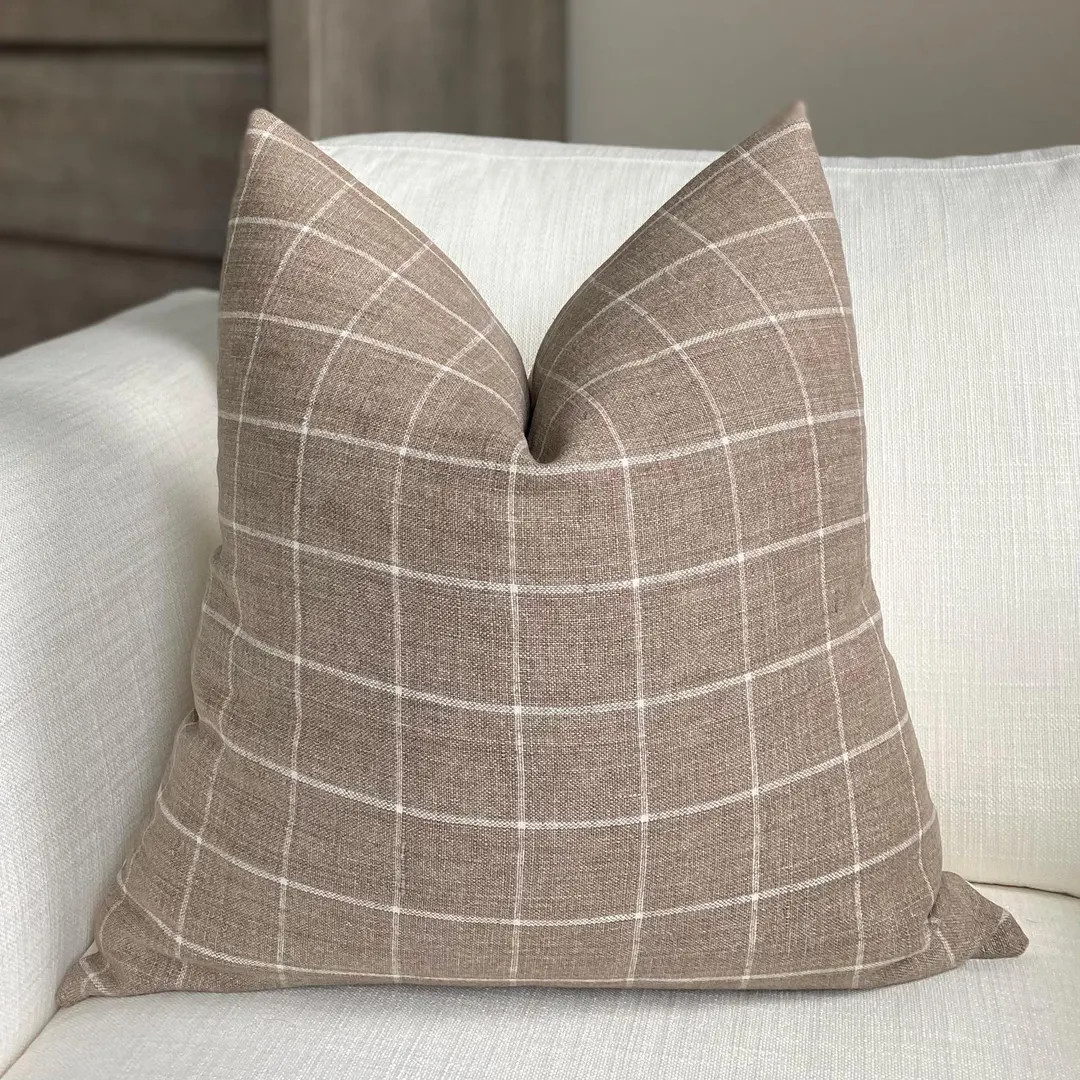 Taupe and Cream Linen Window Pane Pillow Cover, Cover Only - Etsy | Etsy (US)