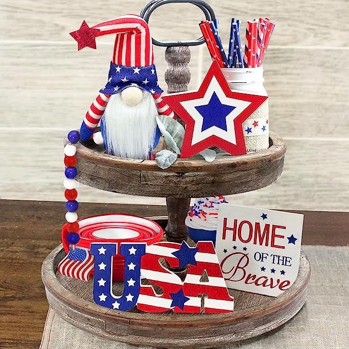 4th of July Decorations - Tiered Tray Decor - 3 Patriotic Wooden Signs - Gnomes Plush and Bead Ga... | Amazon (US)
