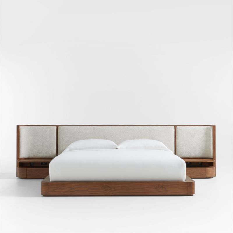 Milano Natural Walnut Wood Upholstered Bed with Nightstands | Crate & Barrel | Crate & Barrel