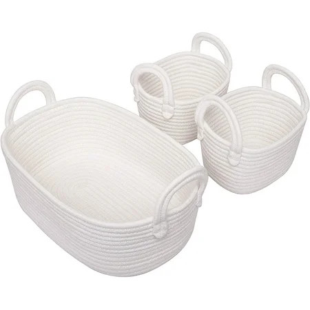Woven Basket Set of 3 - White Rope Storage Baskets Small Nursery Baskets for Baby Kid Toys Soft Cott | Walmart (US)
