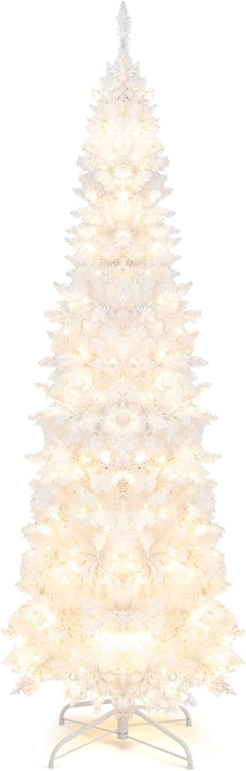 Goplus 7ft White Pre-Lit Pencil Christmas Tree, Artificial Hinged Slim Tree with 800 Tips, 300 Wa... | Amazon (US)
