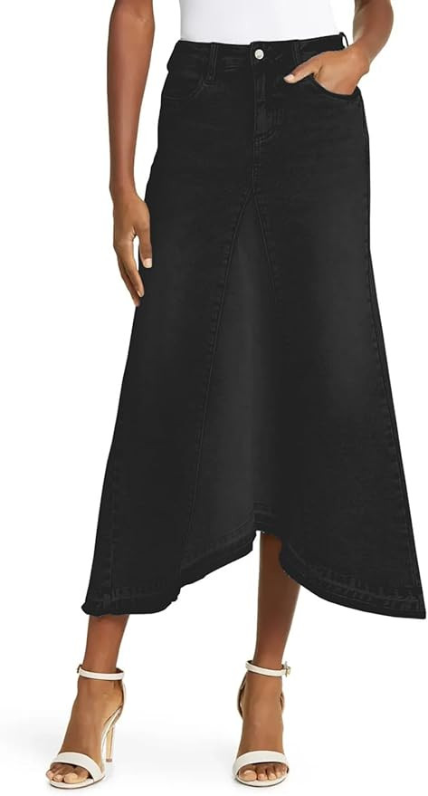 Fisoew Womens Denim Maxi Skirt Casual High Waist A-Line Frayed Irregular Hem Long Jean Skirt | Amazon (US)