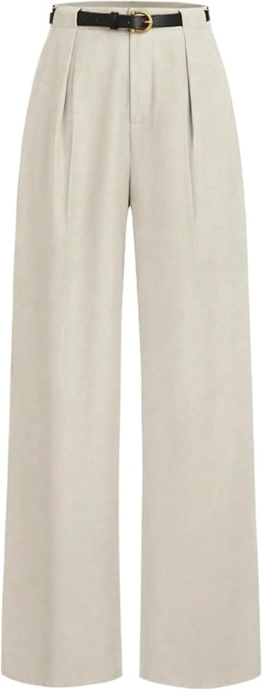 MakeMeChic Women's Straight Leg Pants Zip Fly Belted Elegant Work Office Trousers | Amazon (US)