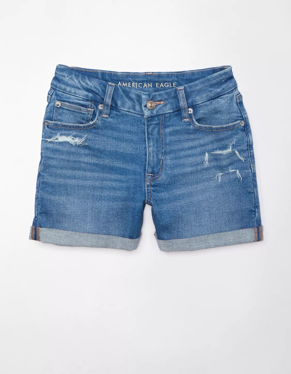 AE Next Level Curvy V-Rise Ripped Denim Midi Short | American Eagle Outfitters (US & CA)
