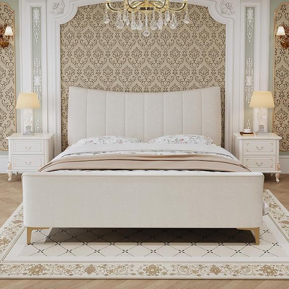Queen Size Platform Bed Frame with Chenille Fabric Upholstered Curved Ergonomic Headboard, Modern... | Amazon (US)