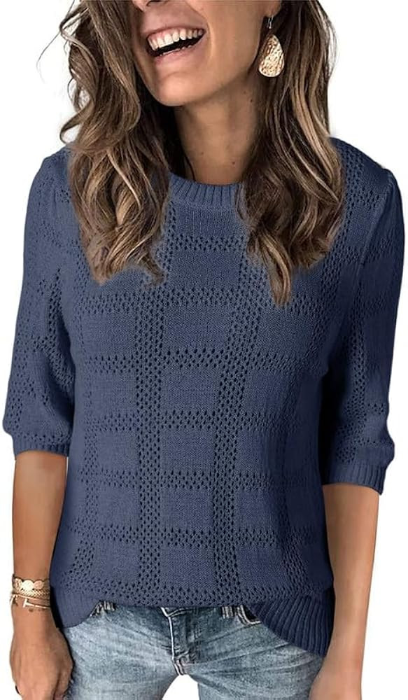 Dokotoo Women's Casual 3/4 Sleeve Loose Tunic Tops Lightweight Crochet Knit Summer Sweaters Blous... | Amazon (US)