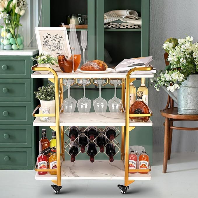 Jubao Gold Bar Cart with 3 Tiers for Stylish Storage, Home Bar Serving Cart with 4 Rows of Glass ... | Amazon (US)