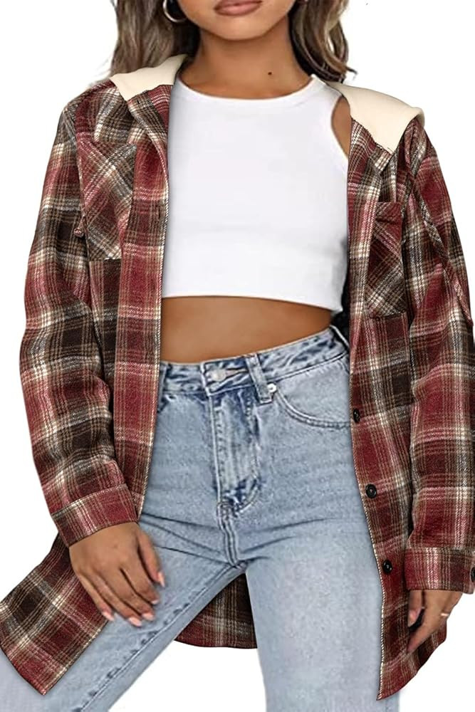 Eytino Womens Plus Size Plaid Hoodie Jacket Long Sleeve Button Down Flannel Shirts Long Shacket C... | Amazon (US)
