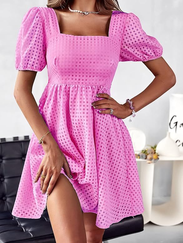 Raikamitu Women's Summer Lantern Sleeve Square Neck Dress Open Back Cute Babydoll A-Line Vintage Min | Amazon (US)