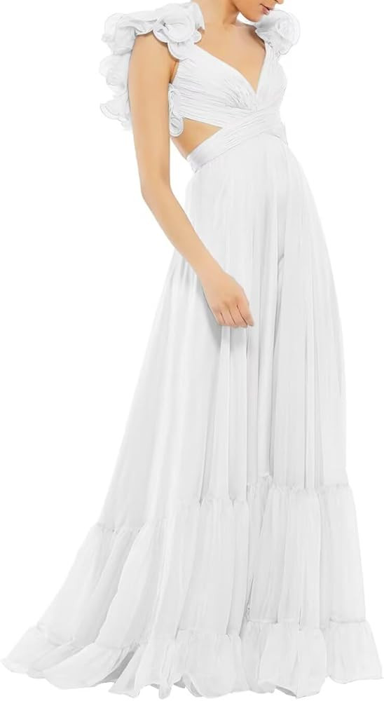 Lawrncedw Chiffon Ruffle Prom Dress for Women V Neck Long Bridesmaid Dresses Backless Formal Even... | Amazon (US)