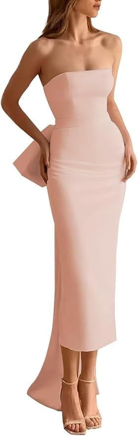 Satin Mermaid Prom Dress for Women2024 Cocktail Party Dress with Slit Formal Bow Dresses with Det... | Amazon (US)