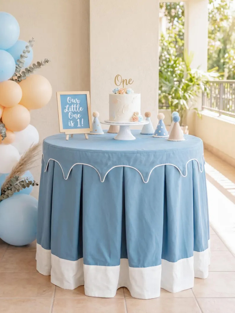 Baby Blue Birthday Cake Table Skirt | Scalloped Edge White Trim Linen Tablecloth for Party Table ... | Etsy (Global)