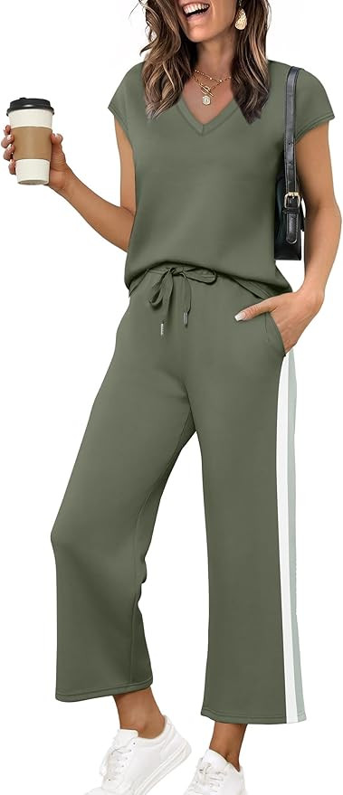 Saloogoe Two Piece Sets for Women Summer Outfits Lounge Sets V Neck Tops Wide Leg Pants Woman Vac... | Amazon (US)