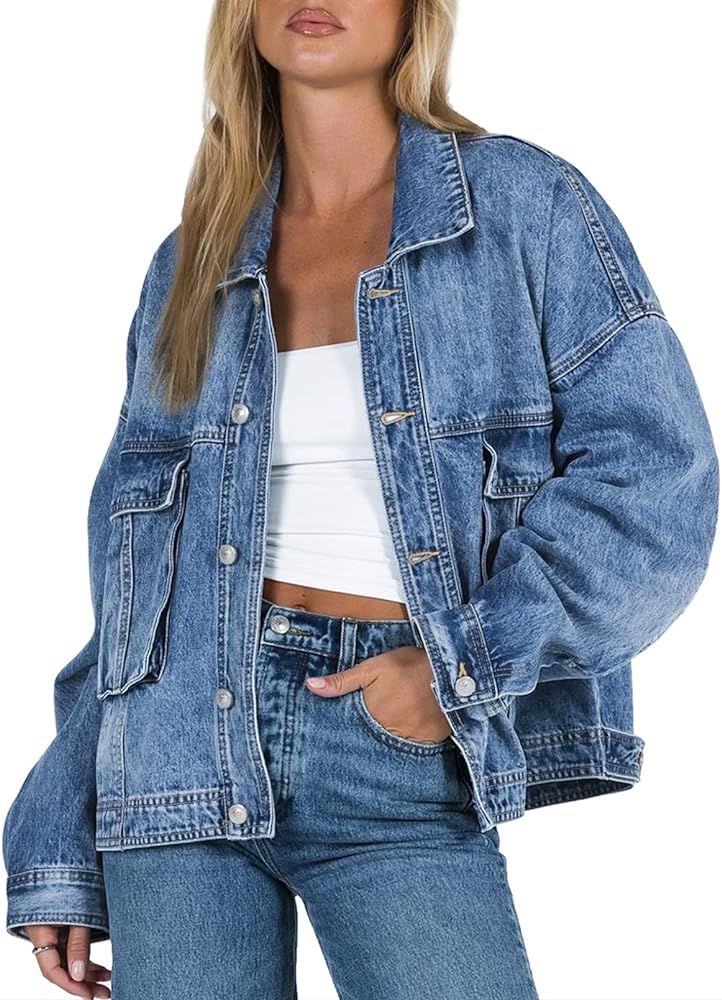 Womens Fashion 2023 Fall Jean Jacket Oversized Retro Washed Denim Jacket with Pockets | Amazon (US)