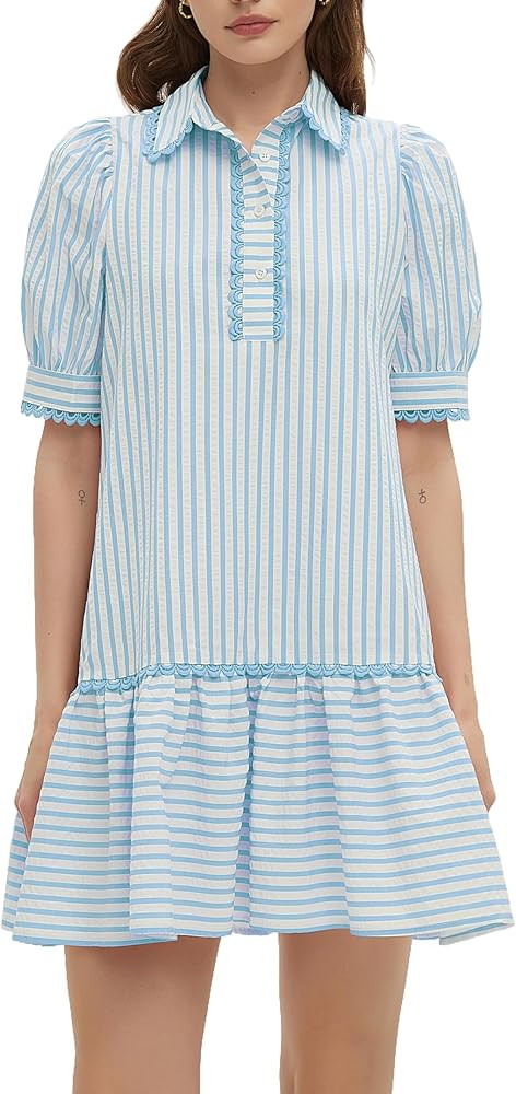 Striped Dress for Women Collared Short Puff Sleeve Ruffle Hem Summer Tunic Flowy Shirt Mini Dress | Amazon (US)