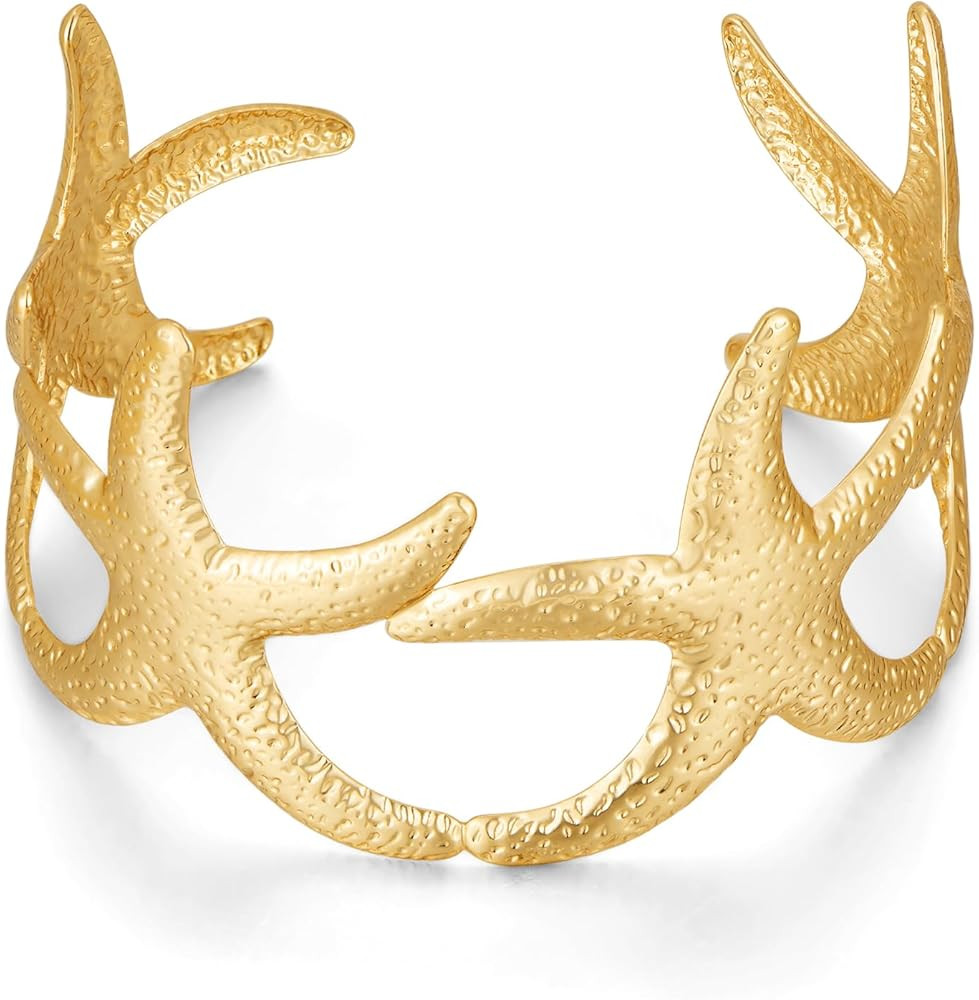 Wide Thin Gold Textured Starfish Cuff Bracelets for Women Trendy Boho Sea Star Open Bangle Bracel... | Amazon (US)