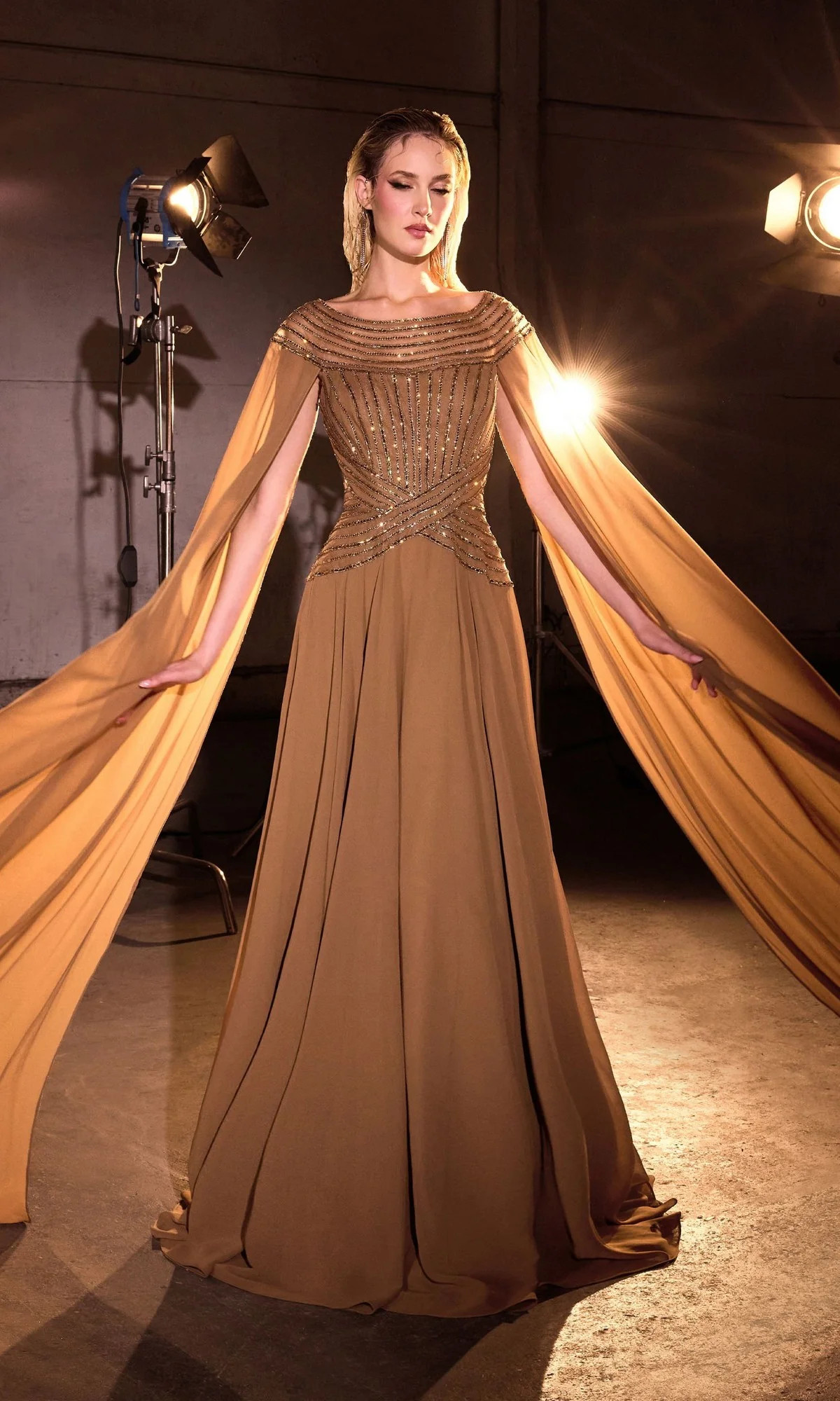 Beaded Bronze Formal Dress with Long Cape Sleeves | Prom Girl