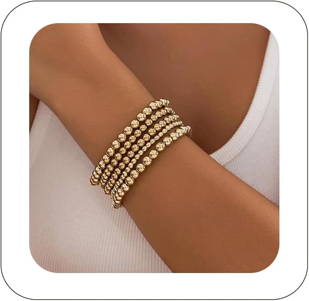 5PCS Gold Bead Bracelet 14K Gold Plated Beaded Stackable Bracelet Set for Women Elegant Stretch B... | Amazon (US)