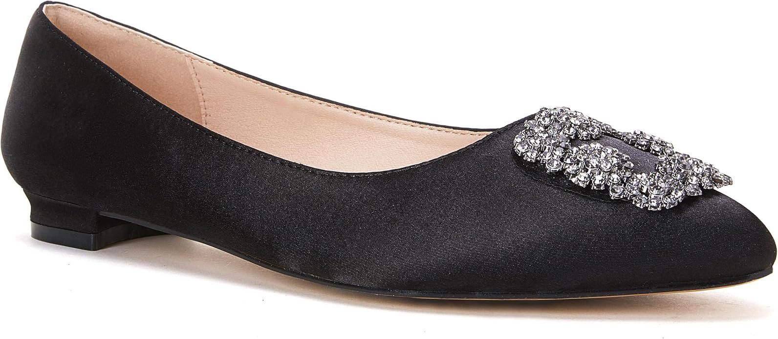 VETASTE Flats Shoes for Women Comfort Satin Pointed Toe Slip On Ballet Shoes with Jewel Buckle | Amazon (US)