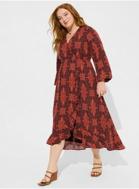 Midi Washable Crinkle Gauze Ruffle Surplice Dress | Torrid (US & Canada)