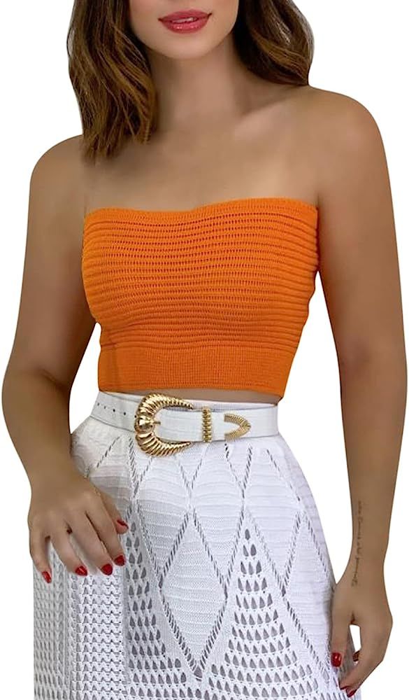 Women's Casual Summer Solid Knit Strapless Basic Crop Bandeau Tube Top Summer Sleeveless Tops | Amazon (US)
