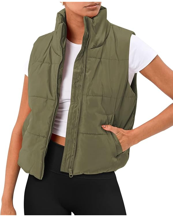AUTOMET Puffer Vest Women Sleeveless Winter Cropped Outerwear Warm Puffer Lightweight Stand-up Co... | Amazon (US)