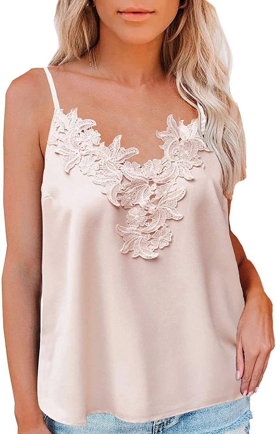 Ruziyoog Womens Silk Satin Tank Top Elegant Floral Lace Trim V Neck Solid Color Camisole Shirts L... | Amazon (US)