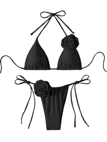 Women's Floral Appliques Cute Bathing Suit High Waisted Triangle Tie Side Swimsuit Bikini Set | Amazon (US)
