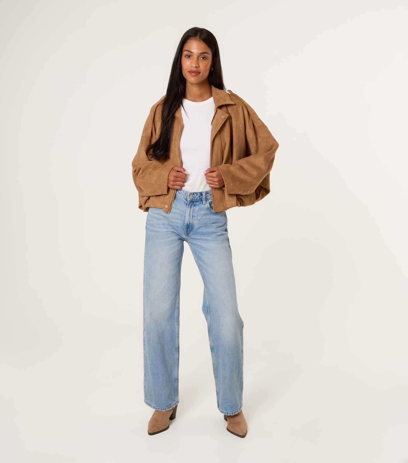 Blue Vanilla Tan Faux Suede Puffball Hem Jacket | New Look | New Look (UK)
