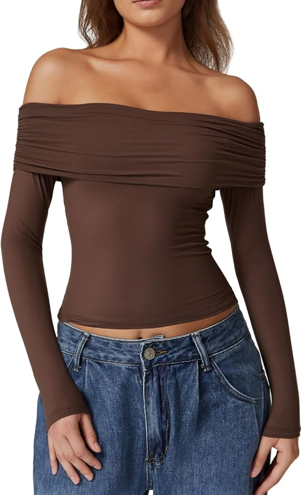 QINSEN Womens Off The Shoulder Tops Double Lined Long Sleeve T Shirts Slim Fitted Stretchy Crop T... | Amazon (US)