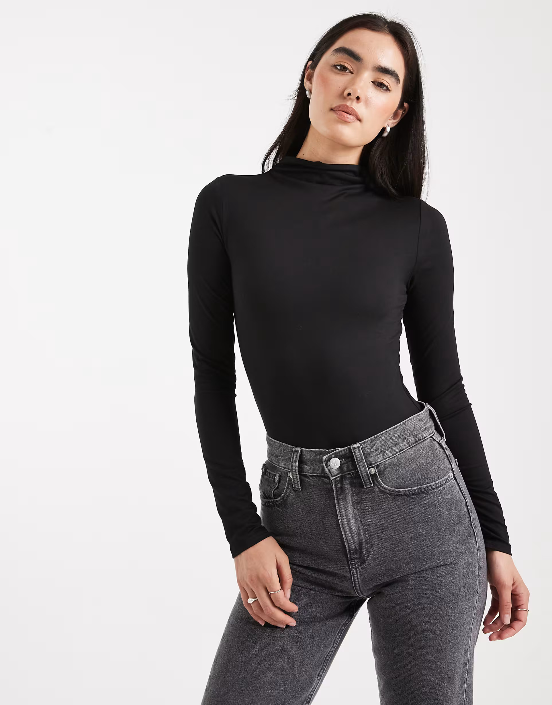 Miss Selfridge sculpted grown on neck bodysuit in black | ASOS (Global)