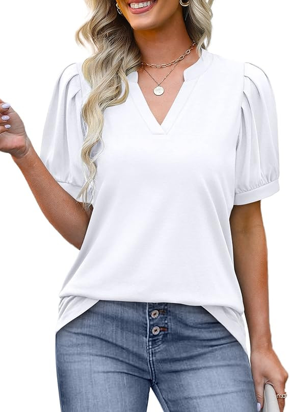 OFEEFAN Women's Pleated Puff Sleeve Tops Summer V Neck Tunic Shirts Loose Curved Hem Blouses Dres... | Amazon (US)