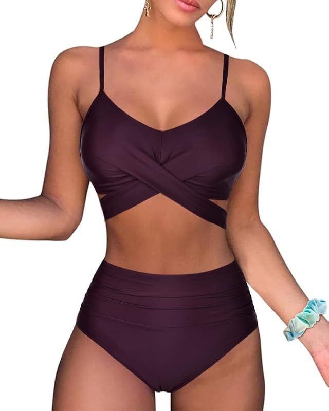 Firpearl Womens High Waisted Bikini Swimsuits Criss-Cross Bandage Push Up Two Piece Bathing Suits | Amazon (US)