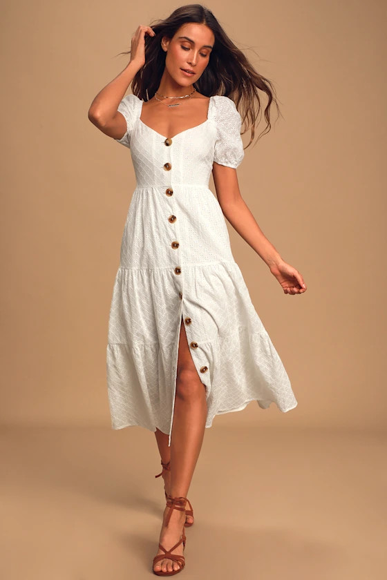 You're My Home White Eyelet Lace Button Front Tiered Midi Dress | Lulus (US)