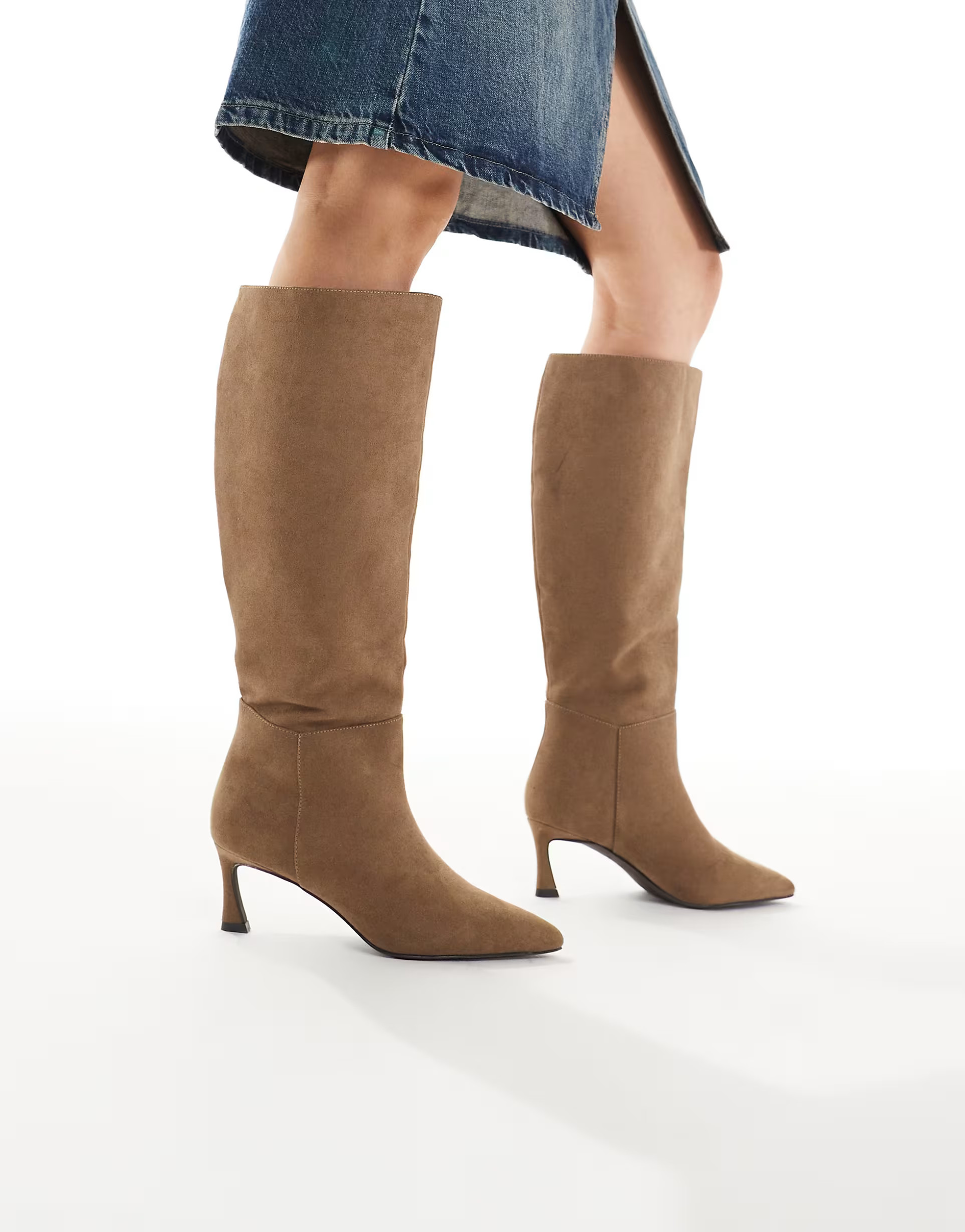 New Look faux suede heeled knee boot in camel | ASOS (Global)