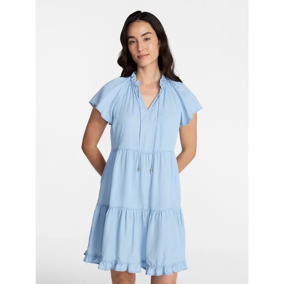 Time and Tru Women's Tiered Mini Dress with Flutter Sleeves, Sizes XS-XXXL - Walmart.com | Walmart (US)