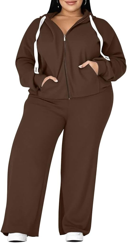 UOUA Plus Size Womens 2 Piece Sweatsuits Outfits Zip Up Jackets & Wide Leg Sweatpants Casual Loun... | Amazon (US)