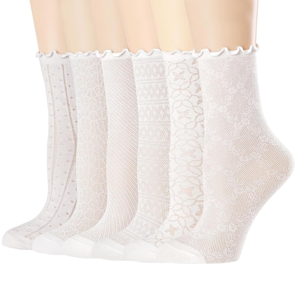 Mcool Mary Women's Ruffle Socks Mesh Casual Lace Cotton Crew Summer Ultra Thin White Frilly Ankle... | Amazon (US)