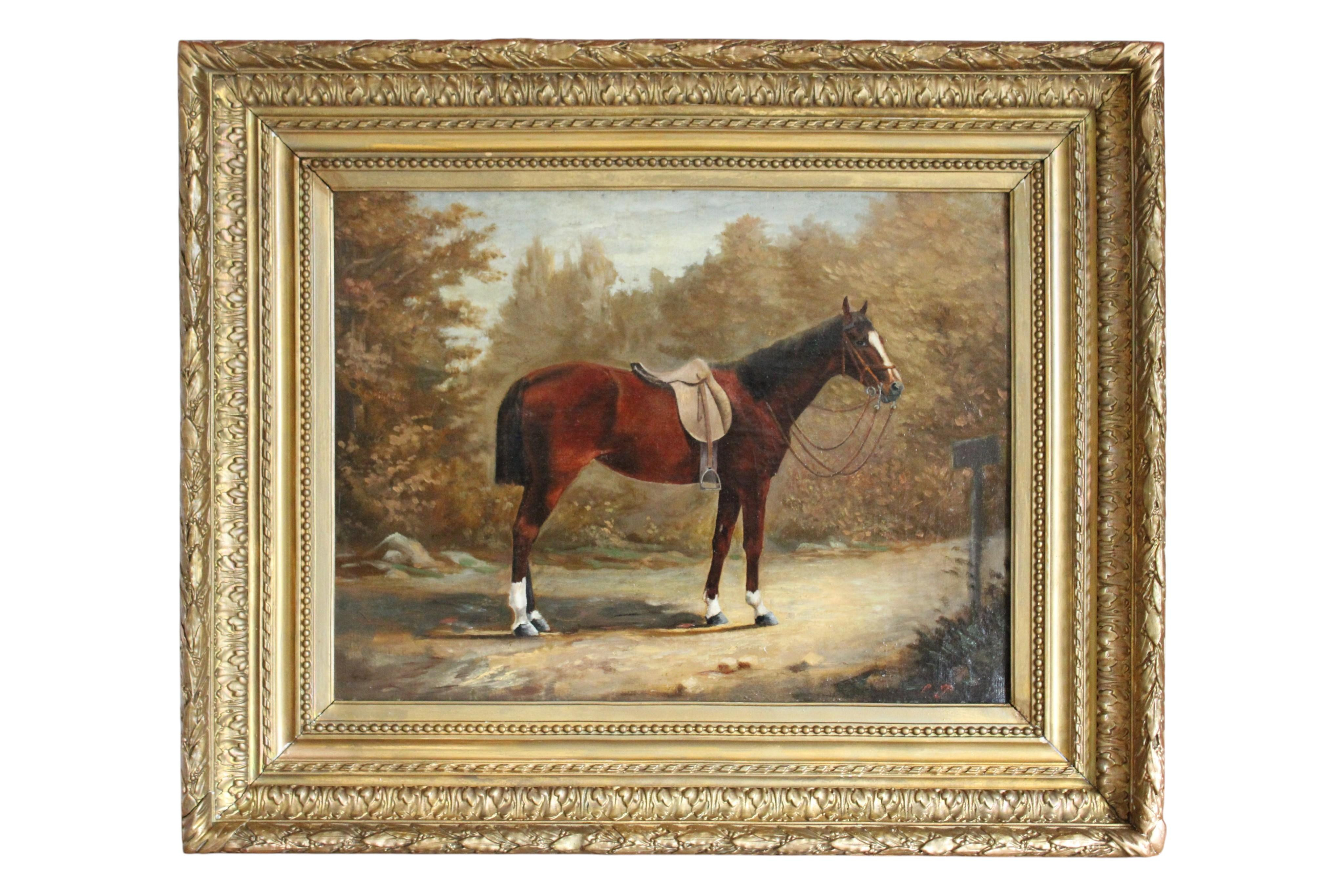 Antique Horse Portrait in Gilt Frame, French Horse Painting, Horse in Landscape1800's | 1stDibs