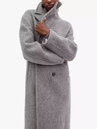 Mango Fluffy Long Wool Blend Double Breasted Coat, Light Grey | John Lewis (UK)