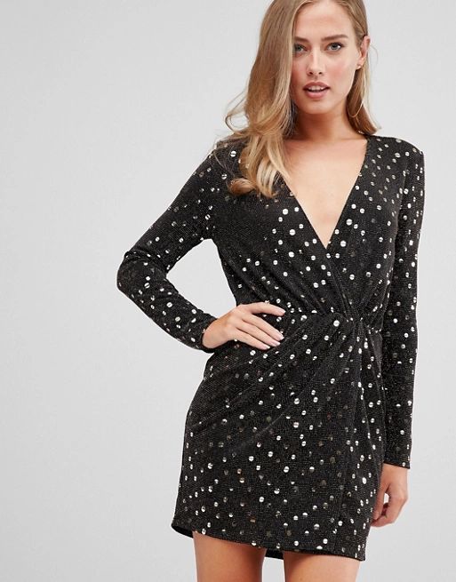 Flounce London wrap front mini dress with statement shoulder in black with gold sequin in black/gold | ASOS US