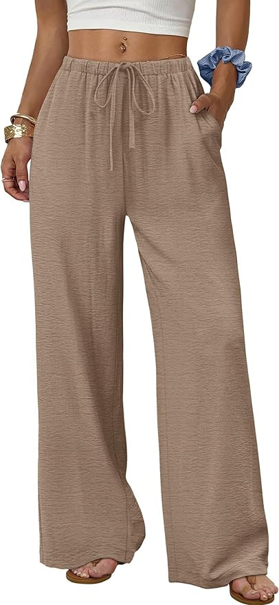 Sampeel Wide Leg Pants for Women Flowy Palazzo Drawstring Elastic Waist Trousers with Pockets Sum... | Amazon (US)