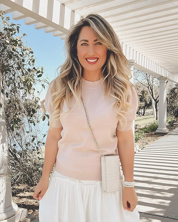 Women's Puff Short Sleeve Sweater Tops 2026 Summer Fall Trendy Knit Crew Neck Casual T Shirts Blo... | Amazon (US)