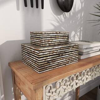 Rectangle Mother of Pearl Handmade Box with Linear Mosaic Pattern and Hinged Lid (Set of 2) | The Home Depot